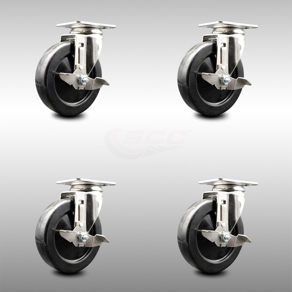 5 Inch 316SS Hard Rubber Wheel Swivel Top Plate Caster Set with Brake SCC